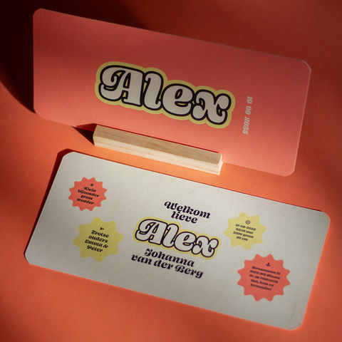 Geboortekaartje Alex - script typografie in oranje & geel