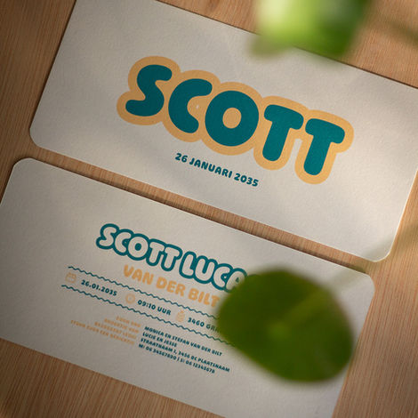 Geboortekaartje Scott met chunky letters in crème, petrol en goudgeel
