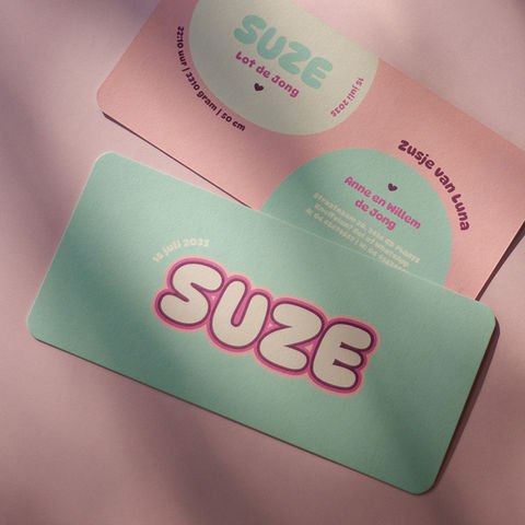 Geboortekaartje Suze - bubble typografie in mintgroen & roze