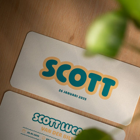 Geboortekaartje Scott - chunky typografie in crème & petrolgroen
