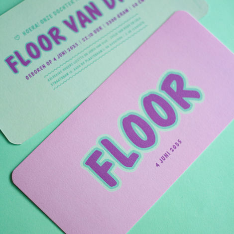 Geboortekaartje Floor - organische typografie in lila & mintgroen