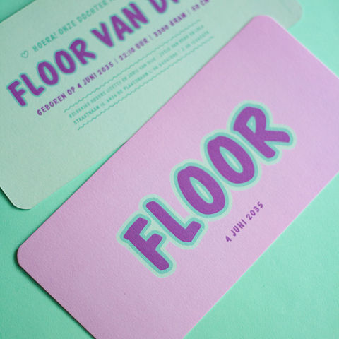 Geboortekaartje Floor - organische typografie in lila & mintgroen