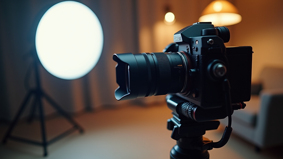 Close-up view of a 360 photo booth camera and lighting setup