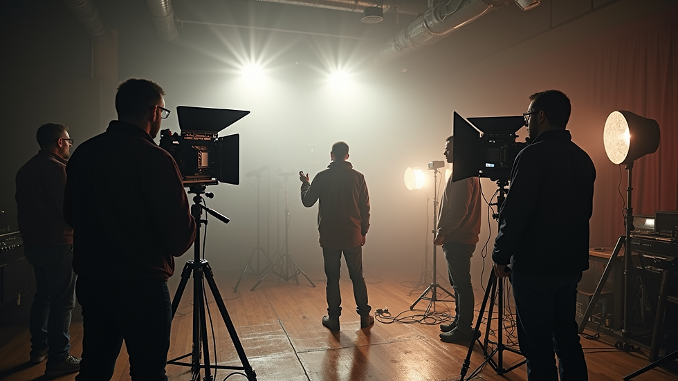 Wide angle view of a film crew setting up lighting equipment on location