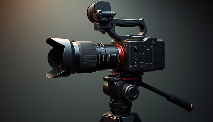 Close-up view of Sony FX3 camera with mounted accessories on a tripod