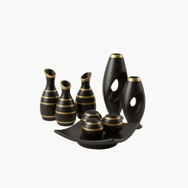 Conjunto Decorativo em Cerâmica Preto & Dourado