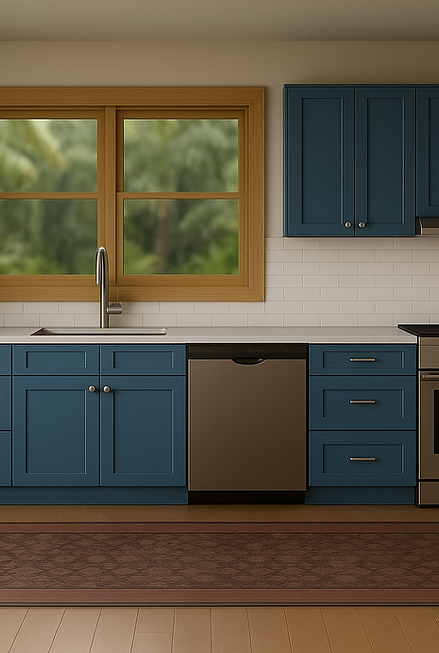 Custom blue shaker-style kitchen cabinets in a Maui home with stainless steel appliances, subway tile backsplash, and tropical garden views through a wood-framed window.