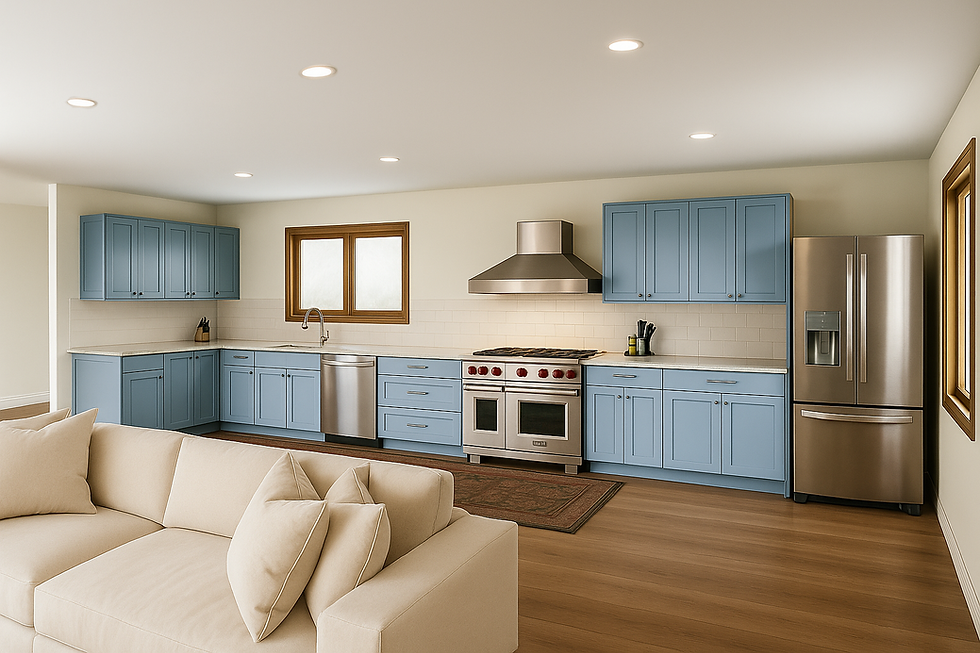 Modern L-shaped kitchen with light blue shaker cabinets, stainless steel appliances, a farmhouse sink, and a beige sofa in an open-concept layout with wood flooring and recessed lighting.