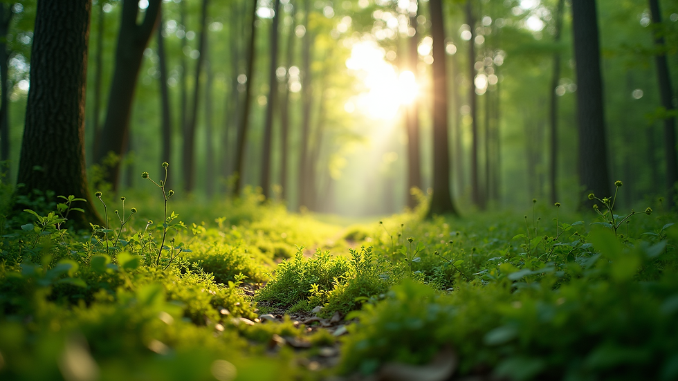 Eye-level view of a lush green forest with sunlight filtering through the trees