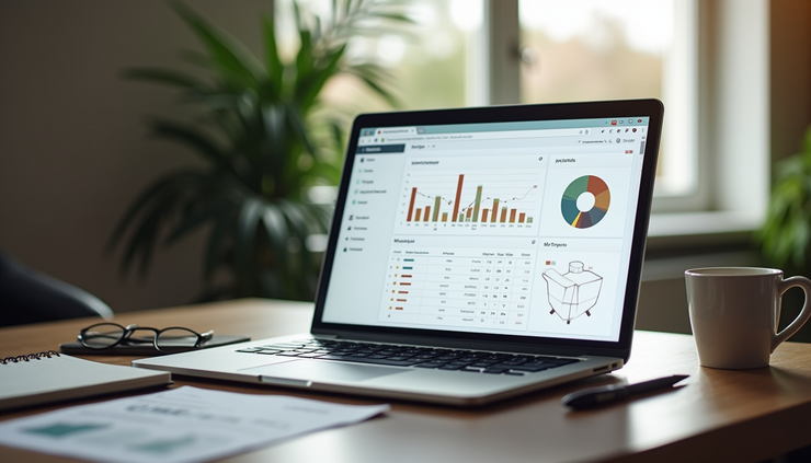 Eye-level view of a laptop displaying tax software dashboard on a wooden desk
