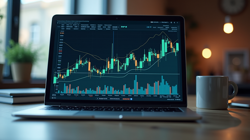 Eye-level view of a laptop displaying financial charts on a desk