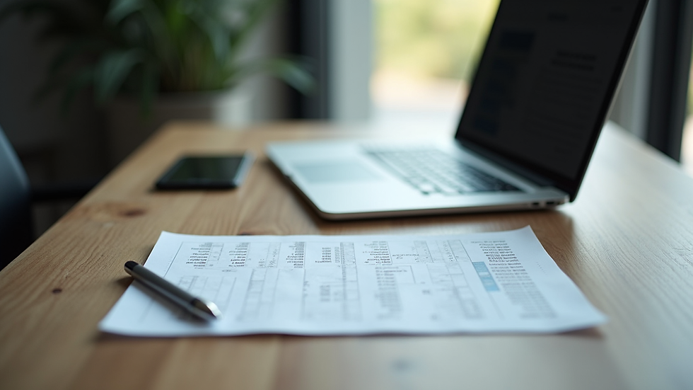 High angle view of a modern office desk with a laptop and financial documents