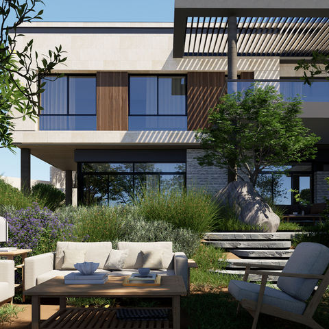 Luxury villa design with expansive outdoor spaces, modern architecture, and natural light in Amman.