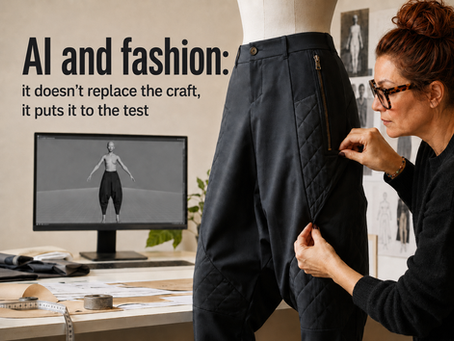 Romina Tosi reviewing a 3D simulation of technical harem trousers and assessing the relationship between digital tools, fit and professional judgement.