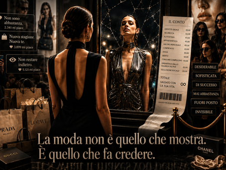Immagine di campagna moda che evoca desiderio, status, identità e potere simbolico dell’abbigliamento.