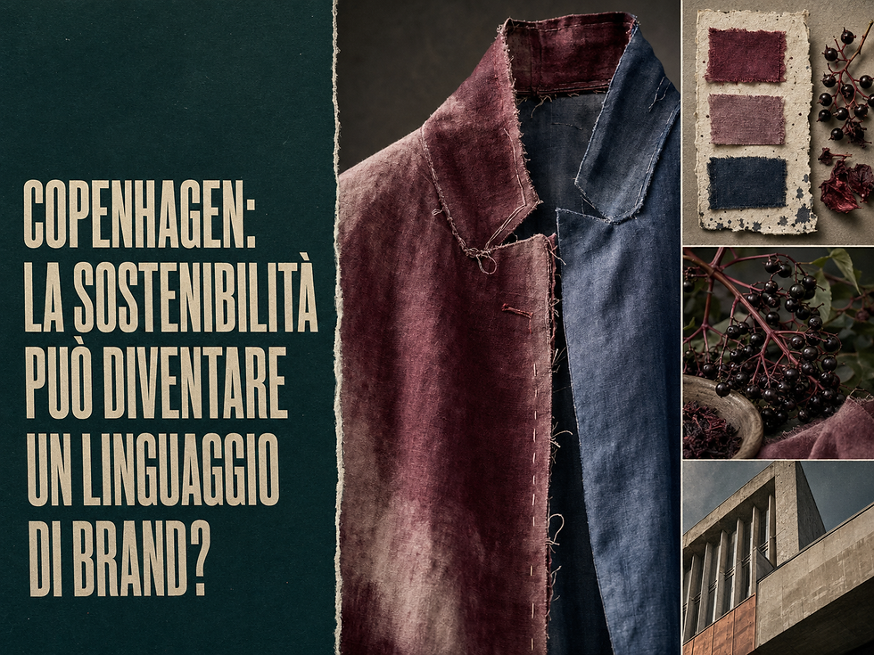 Moodboard materico di On The Side Of Nature con tessuti naturali, campioni di tinture botaniche, dettagli di ricamo e packaging a marchio FSC.