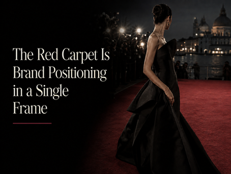Celebrity posing on the Venice Film Festival red carpet in a couture look that expresses brand positioning through silhouette, fit and styling.