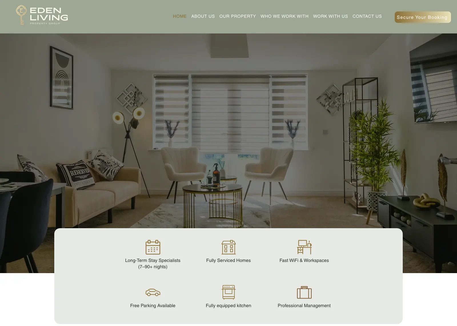 Eden Living homepage: a furnished living room above a panel listing what each stay includes