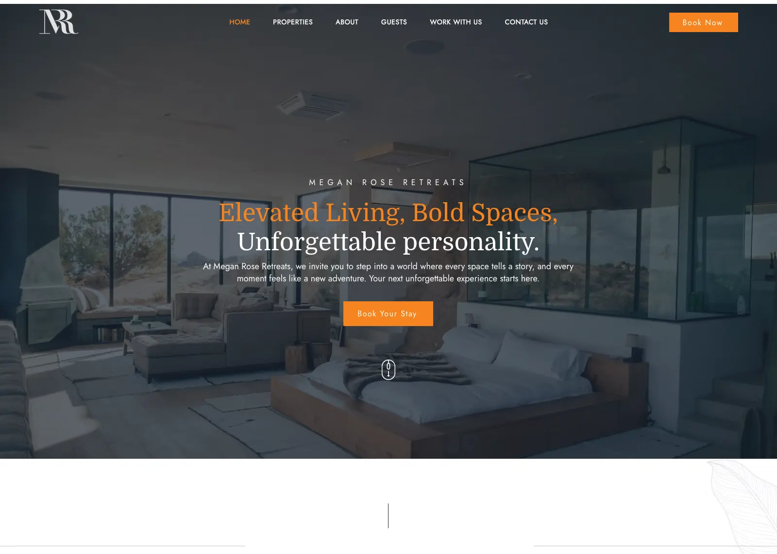 Megan Rose Retreats homepage: “Elevated Living, Bold Spaces, Unforgettable personality.” over a glass-walled bedroom