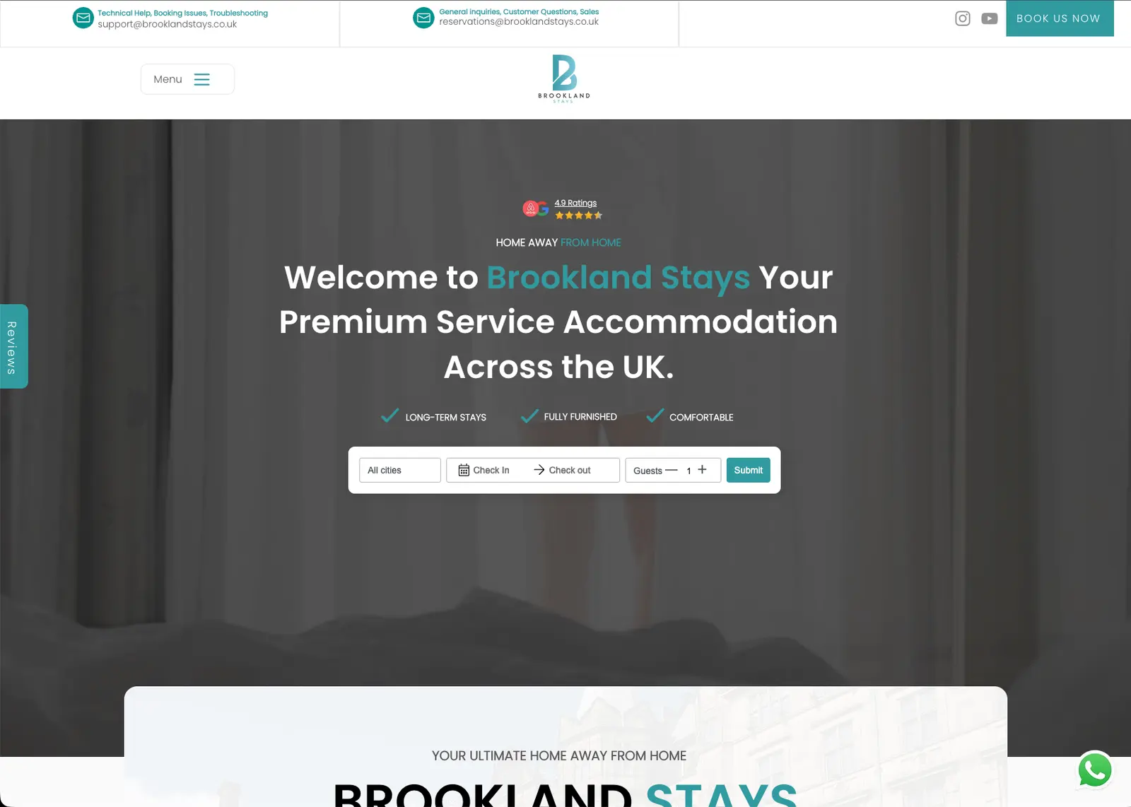 Brookland Stays homepage: a welcome headline for serviced accommodation across the UK above a booking search bar