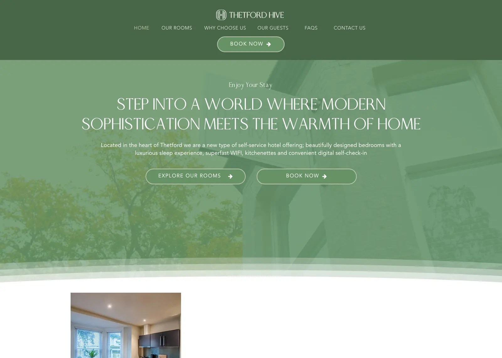 Thetford Hive homepage: “Step into a world where modern sophistication meets the warmth of home” on a green ground