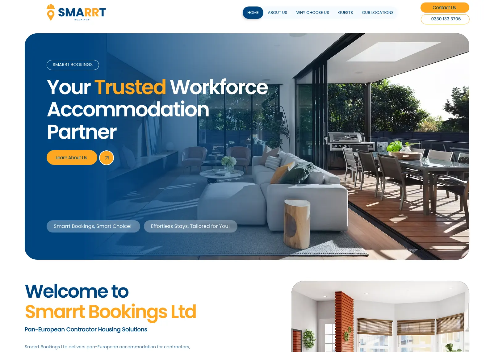 Smarrt Bookings homepage: “Your Trusted Workforce Accommodation Partner” over a living space opening onto a terrace