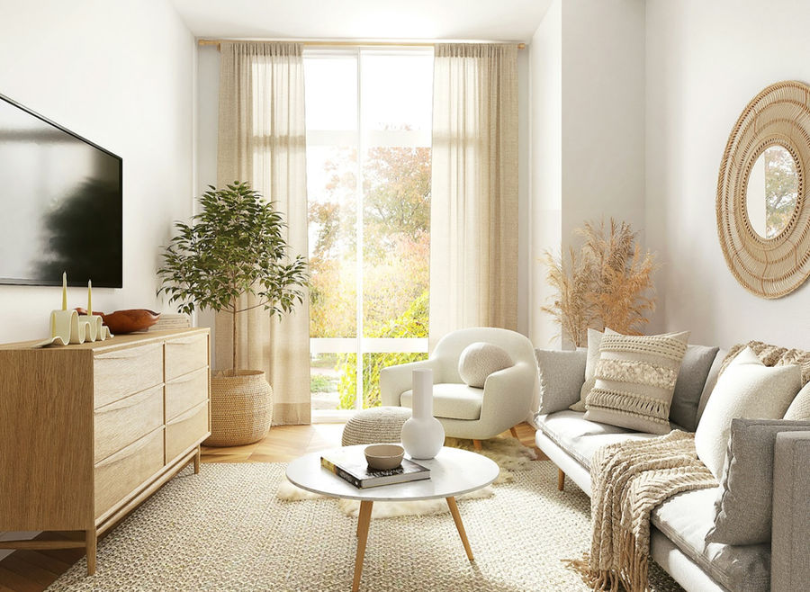 Calm, neutral living room with soft daylight through sheer curtains