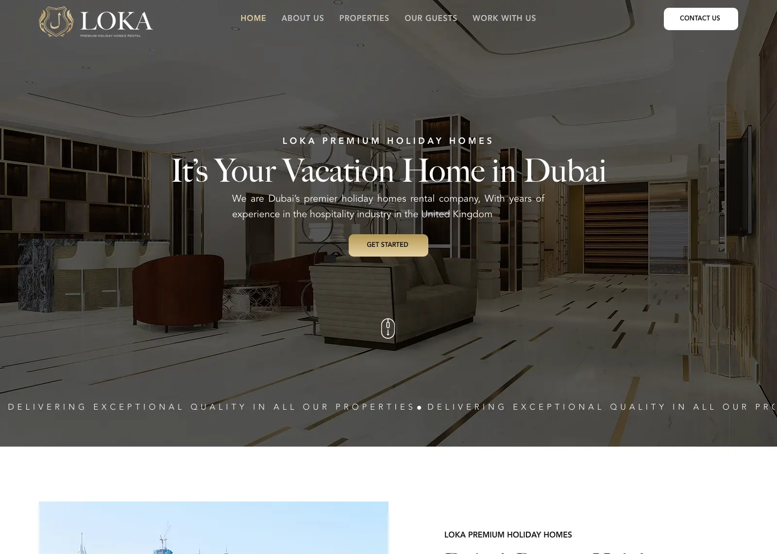 Loka Premium Holiday Homes homepage: “It’s Your Vacation Home in Dubai” over a marble hotel-style lobby