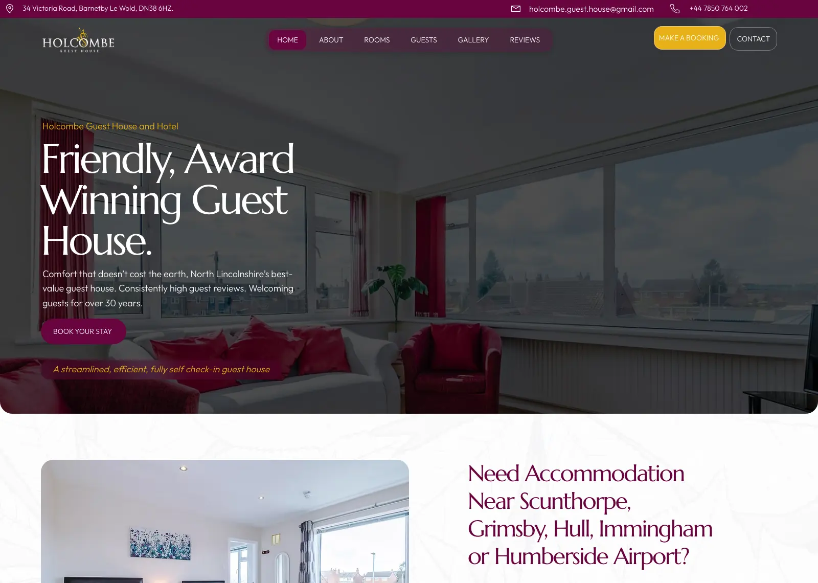 Holcombe Guest House homepage: “Friendly, Award Winning Guest House.” over a bright lounge