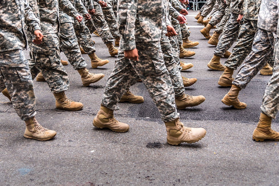 Soldiers in camouflage uniforms marching in formation