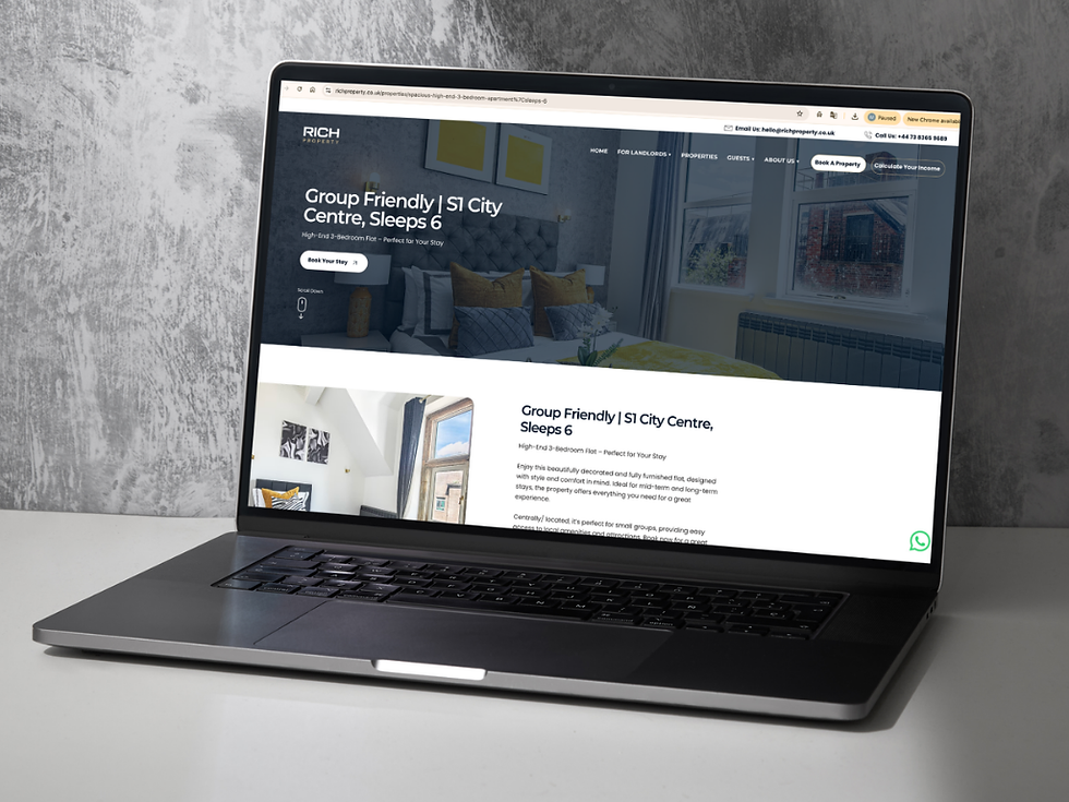 Laptop on desk showing a property rental website, Group Friendly | SI City Centre, Sleeps 6, with bedroom photos and booking buttons