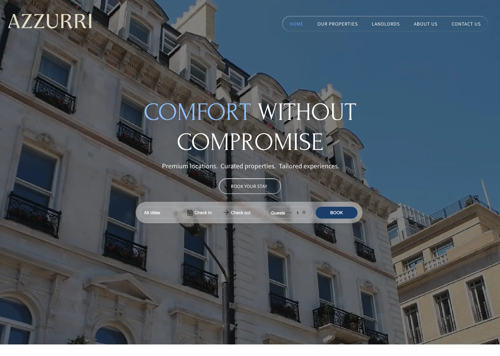 Azzurri homepage: “Comfort Without Compromise” over a stone townhouse façade, with a booking search bar