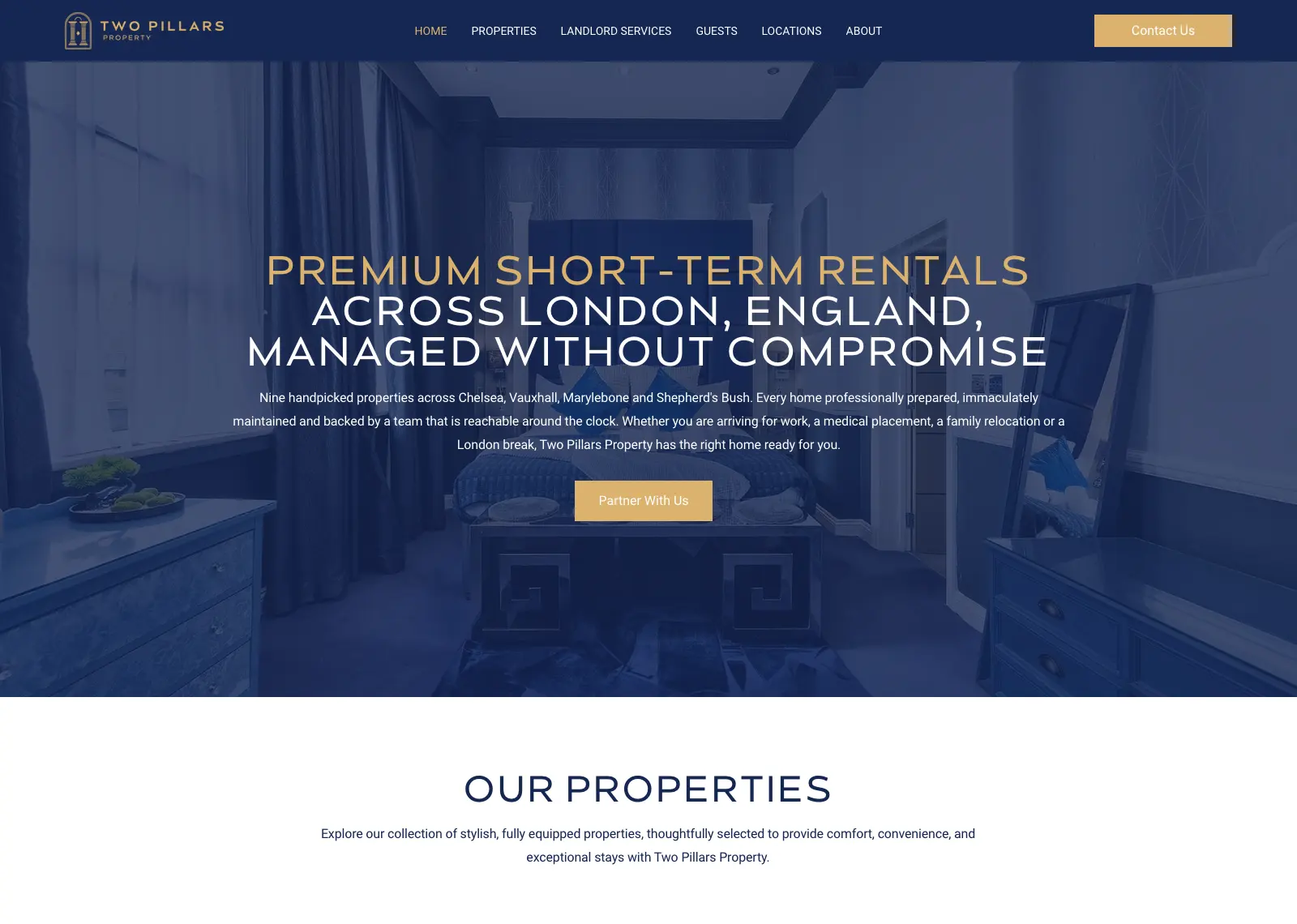 Two Pillars Property homepage: “Premium short-term rentals across London, England, managed without compromise” over a blue-toned bedroom, with a Partner With Us button