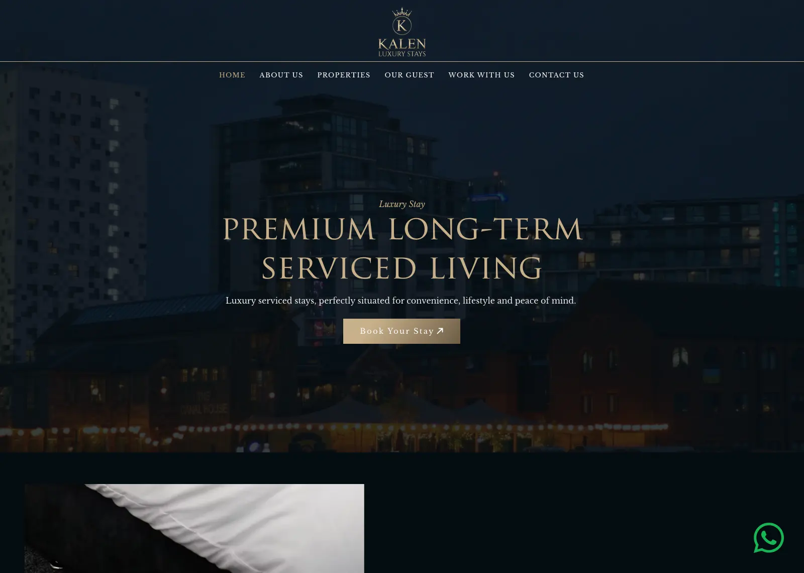 Kalen Luxury Stays homepage: “Premium Long-Term Serviced Living” over a city skyline at night