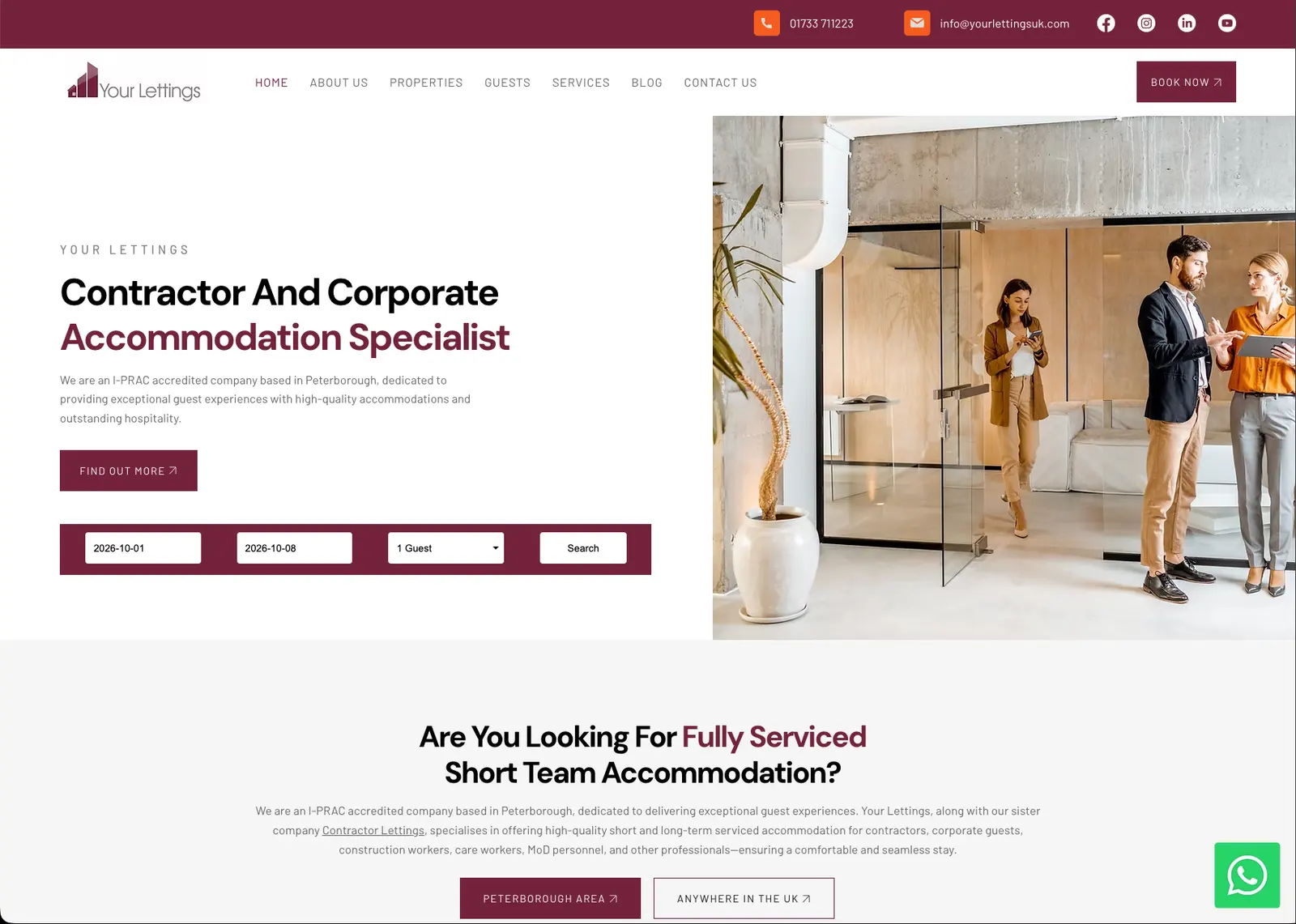 Your Lettings homepage: “Contractor and Corporate Accommodation Specialist” with a booking search form