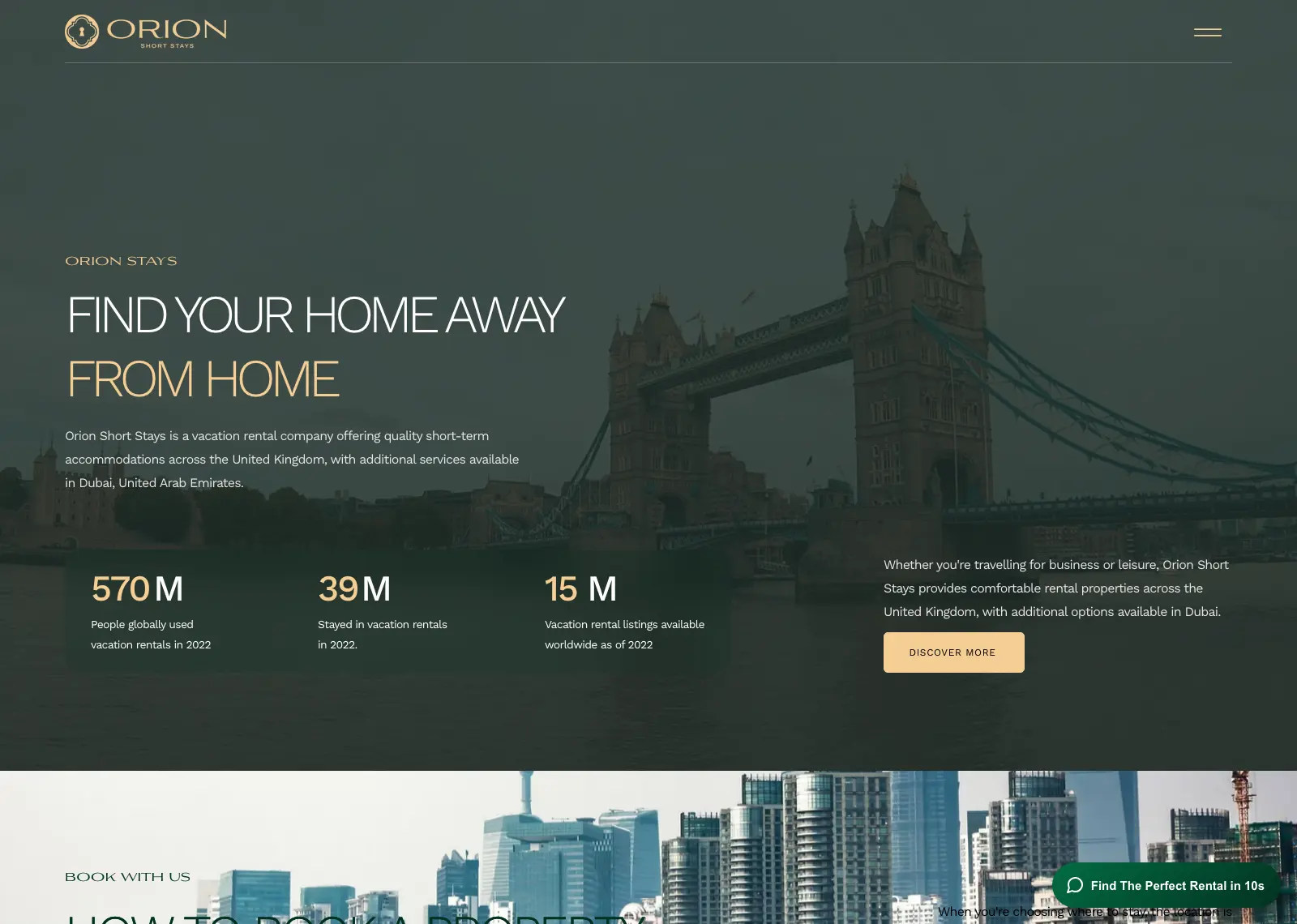 Orion Short Stays homepage: “Find Your Home Away From Home” beside Tower Bridge