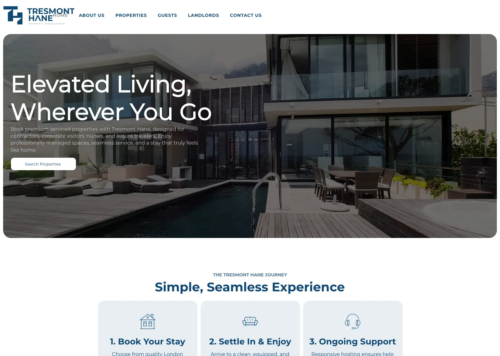 Tresmont Hane homepage: “Elevated Living, Wherever You Go” over a modern house with a pool terrace