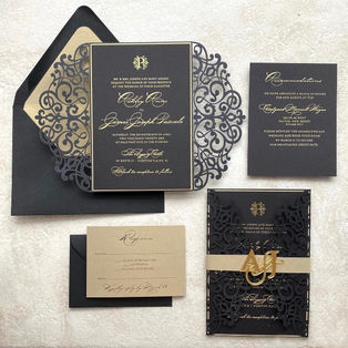 Black Laser Cut Wedding Invitation, Foil wedding invitation, luxury invitation, formal wedding invitation, invitations long island, wedding invitations, violet invitations, invitations ronkonkoma, best wedding invitations, cheap wedding invitations, invitations near me, invitations, custom wedding invitations, acrylic wedding invitations, plastic invitations, clear invitations, melanie serrano, Vellum Printed Invitations, Custom Designs, Wax Seal Elegance, Love In Every Detail, luxury invitations, unique invitations, acrylic monogram, gold and black wedding invitation