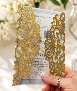Custom luxury Sweet 16 and quinceañera invitation suites designed by Violet Invitations in Ronkonkoma, Long Island. These elegant event invitations feature gold foil accents, sparkling glitter cardstock, romantic floral designs, coordinating RSVP cards, custom envelope liners, and personalized Spanish and English wording. Each Sweet 16 or quinceañera invitation can be customized to coordinate with the celebration’s colors, theme, and unique style. Serving families throughout Long Island with beautifully crafted, personalized stationery for unforgettable milestone celebrations.