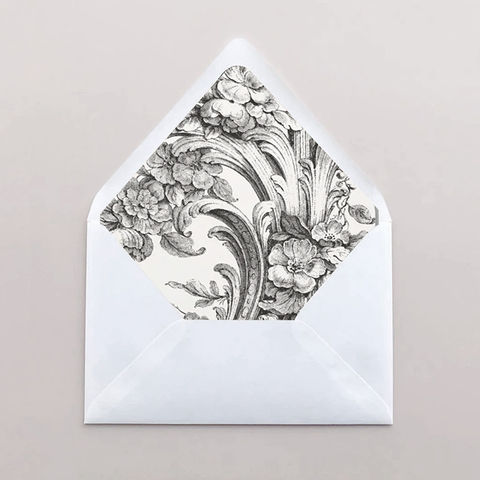 Envelope liners, floral liners, printed envelope liners, velvet envelope liners, monogram envelope liners, custom envelope liners, invitation envelope liners