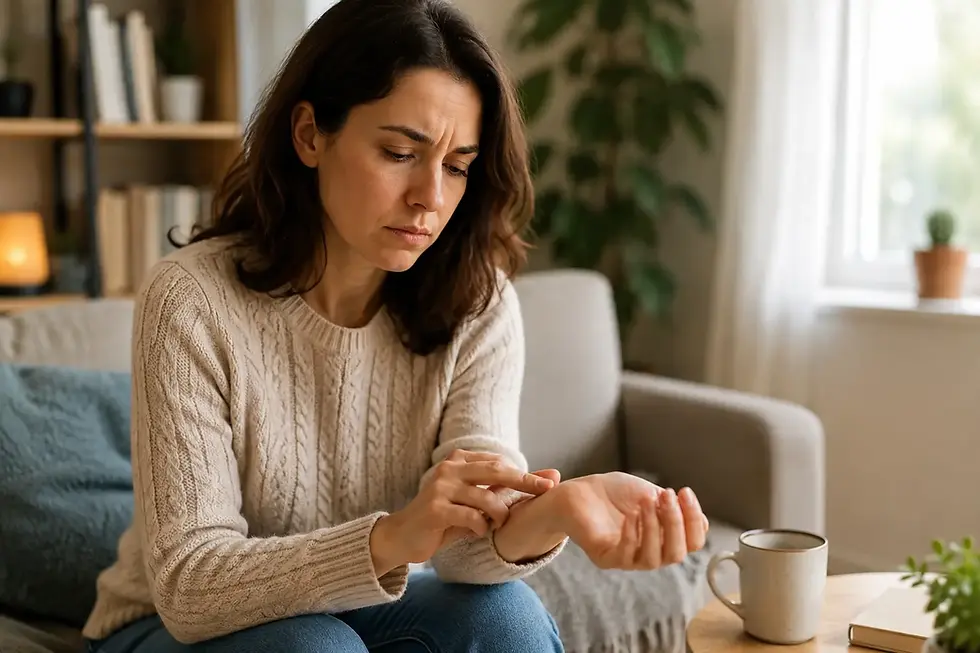 Femme préoccupée vérifiant son pouls, illustrant la surveillance répétée du cœur lors de palpitations anxieuses.