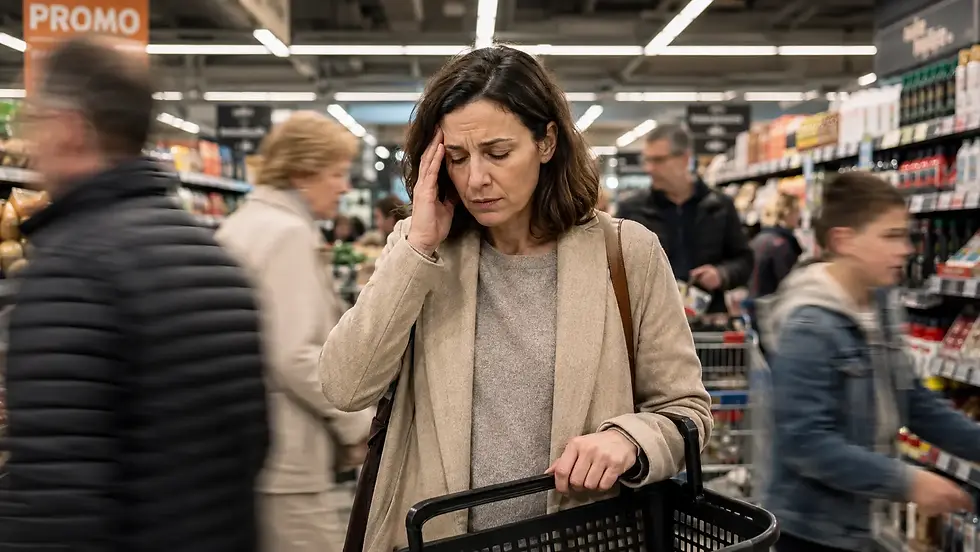 Femme en surcharge sensorielle dans un supermarché face au bruit et aux lumières