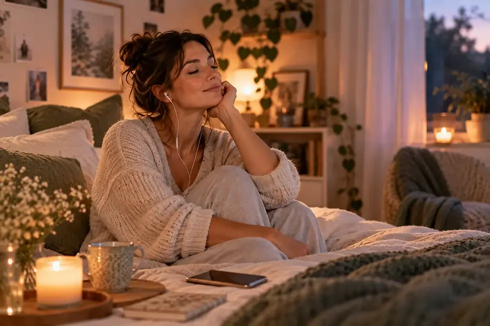Femme écoutant un audio d’hypnose le soir chez elle avec des écouteurs