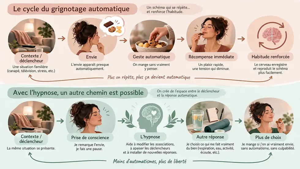 Infographie expliquant le cycle du grignotage automatique et comment l’hypnose peut aider à modifier cette habitude