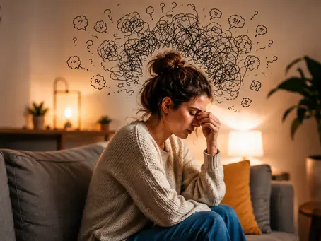 Femme pensive assise chez elle, entourée de dessins représentant des pensées qui tournent en boucle.
