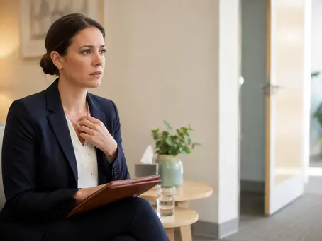 Femme attendant un rendez-vous important, légèrement tendue, avec un dossier à la main.
