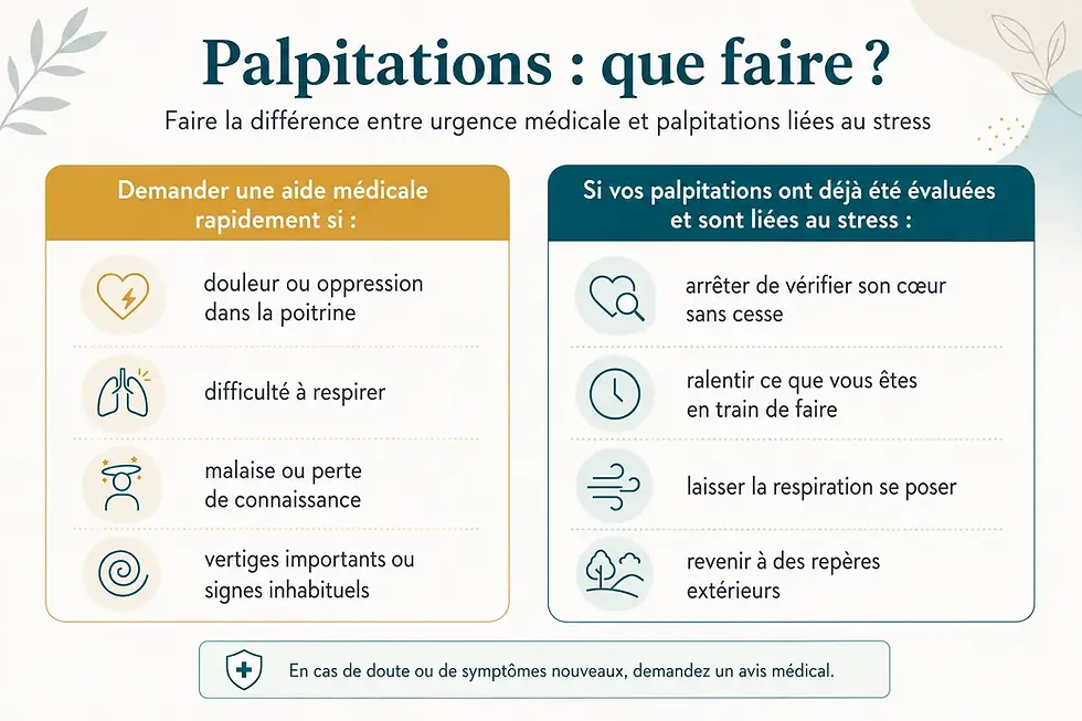 Infographie expliquant quand demander un avis médical pour des palpitations et quoi faire lorsqu’elles ont déjà été évaluées comme liées au stress.