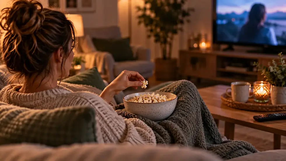 Femme grignotant du popcorn devant la télévision le soir, exemple d’une habitude alimentaire automatique