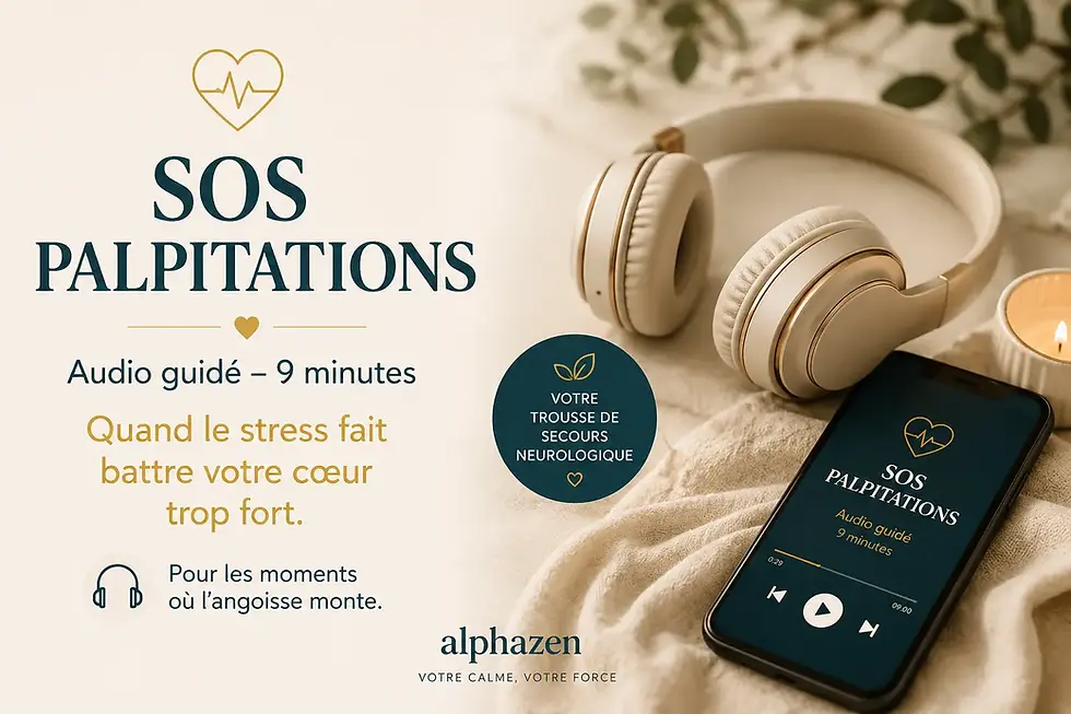 Audio guidé SOS Palpitations d’Alphazen, 9 minutes pour accompagner les palpitations déjà identifiées comme liées au stress ou à l’angoisse.
