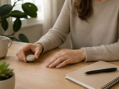 Mains posées sur une table avec un objet à manipuler comme alternative au geste de se ronger les ongles